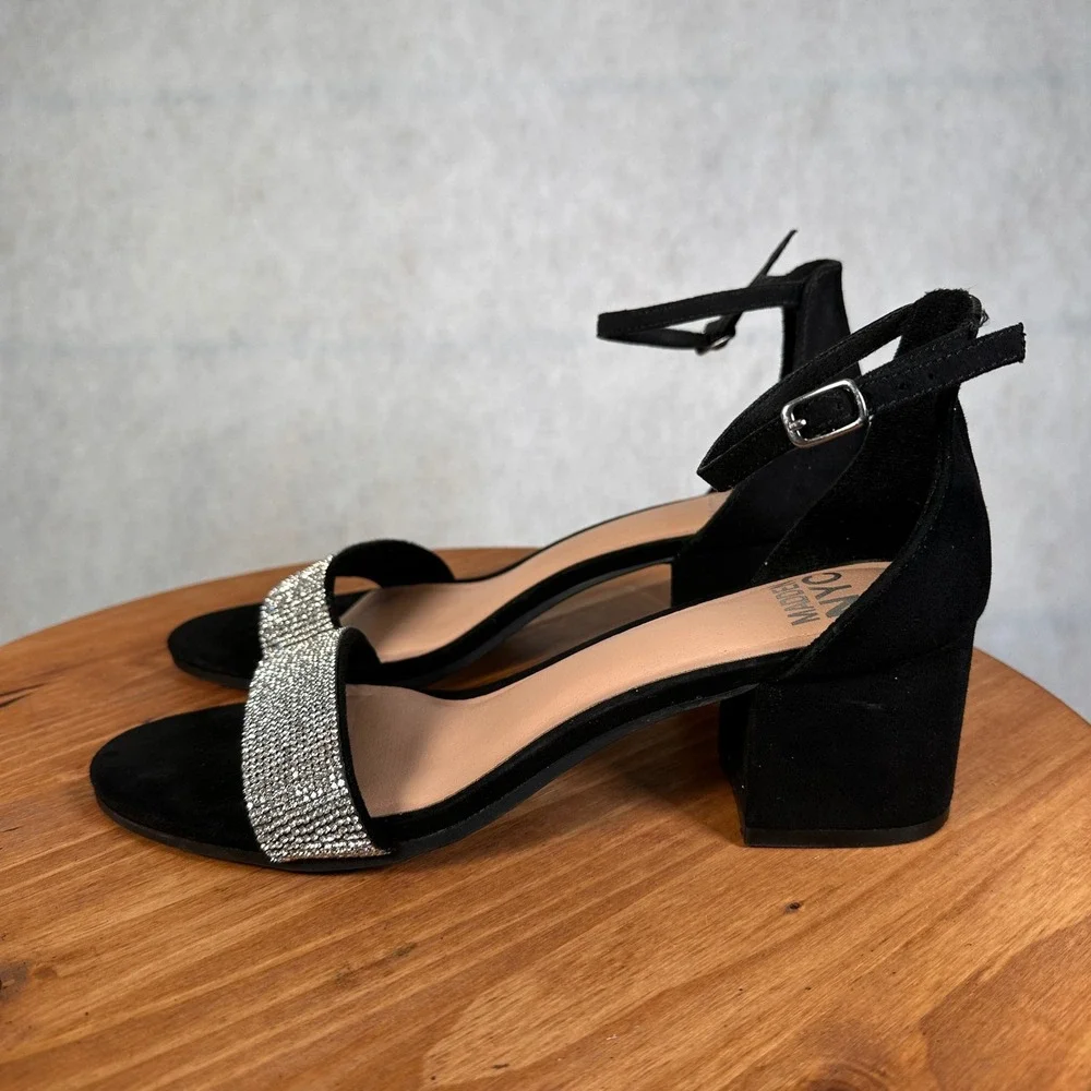 Madden NYC Block Heel Sandals Womens 10 Black Rhinestone Good Strappy Heels